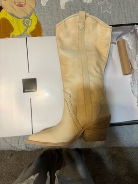 Dolce Vita Tan Suede Western Knee Boot with Stacked Heel